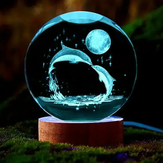 Crystal Ball Wooden Base with 6cm Crystal Ball Planet Night Light 3D Laser Etched Marine Animal Indoor Statue Lamp Decoration