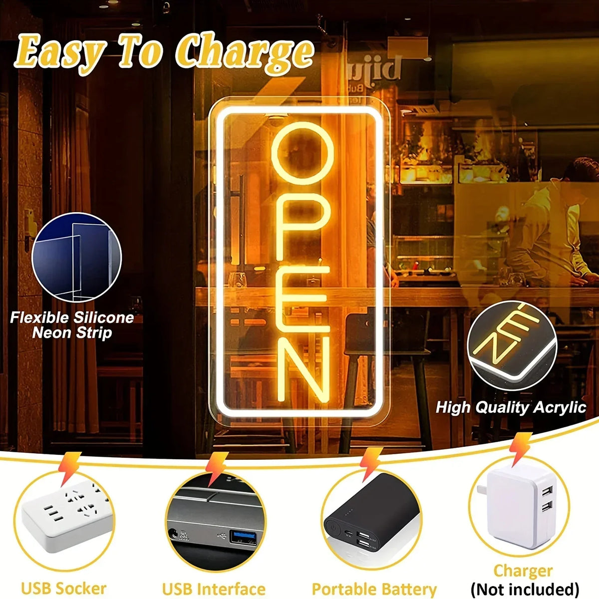 Open Neon Sign,LED Neon Sign For Club, Commercial Restaurant, Cafe, Multipurpose Decorative Wall Mounted Lights (Vertical)