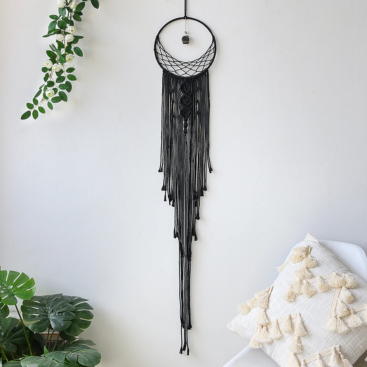 Black Sun Moon Dream Catcher Nordic Macrame Dreamcatcher With Crystal Wall  Room Home Decor Yard Garden Bedroom Decoration