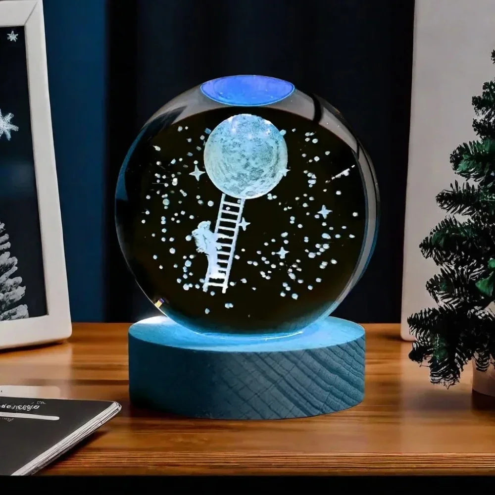 Crystal Ball  Wooden Base with 6cm Crystal Ball Planet Night Light 3D Laser Etched Marine Animal Indoor Statue Lamp Decoration