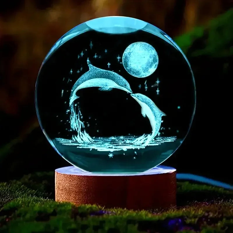 Crystal Ball  Wooden Base with 6cm Crystal Ball Planet Night Light 3D Laser Etched Marine Animal Indoor Statue Lamp Decoration
