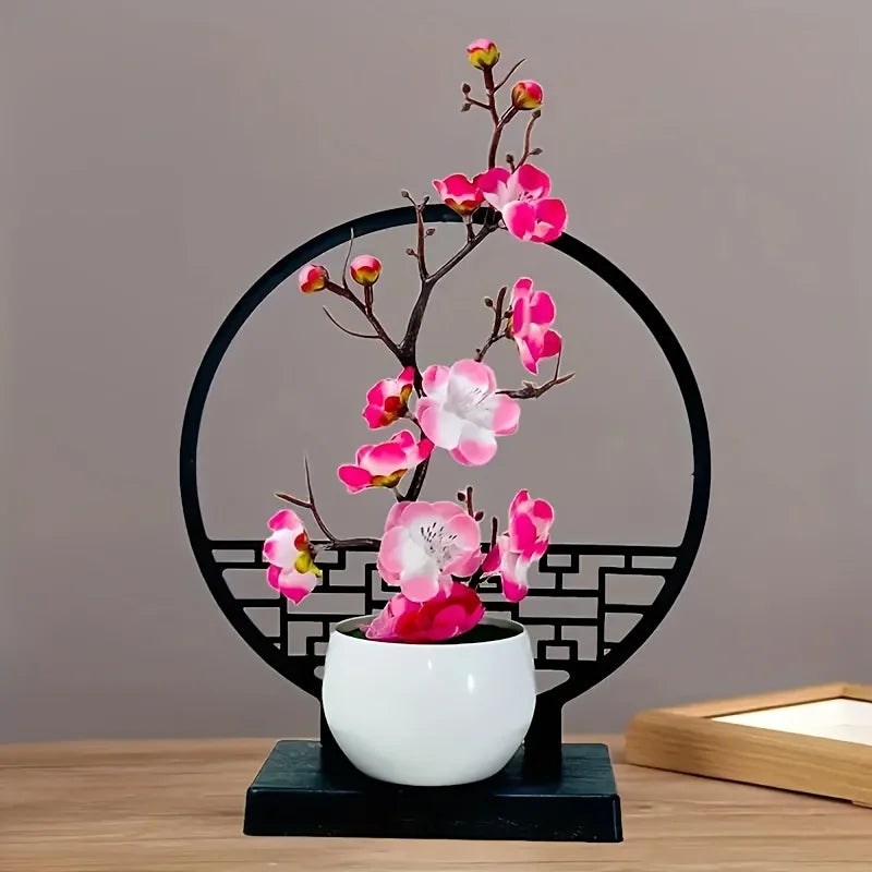 1set Chinese-Inspired Artificial Plum Blossom Bonsai with Screen Base - Versatile Tabletop Decor for Various Rooms, Ideal for