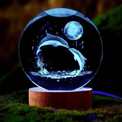 Crystal Ball  Wooden Base with 6cm Crystal Ball Planet Night Light 3D Laser Etched Marine Animal Indoor Statue Lamp Decoration