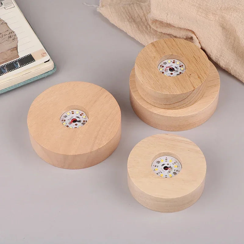 8/10cm Round Wooden LED Light Battery Operated Dispaly Base Stand Holder able Night Lamp Base Crystal Glass Resin Art Ornaments