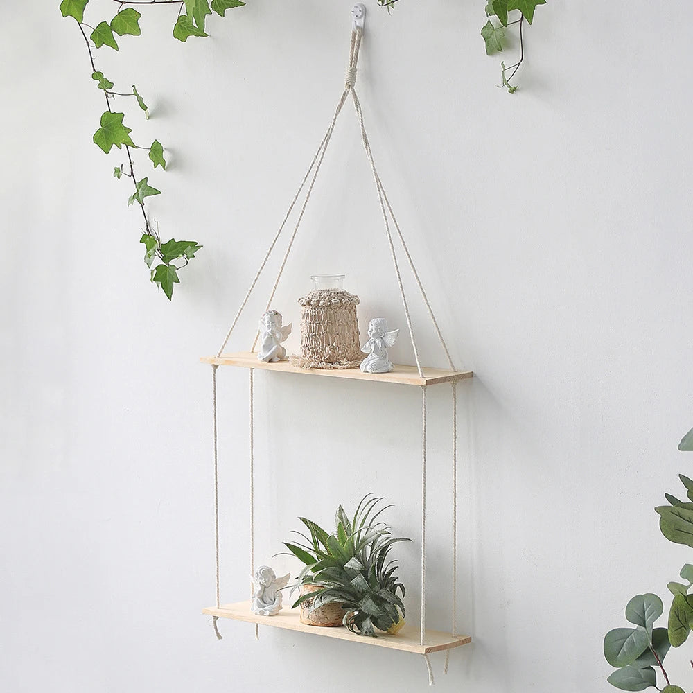 Wooden Wall Hanging Shelves Boho Floating Shelves Macrame Plant Shelf Rustic Wall Decor for Bedroom Living Room Office