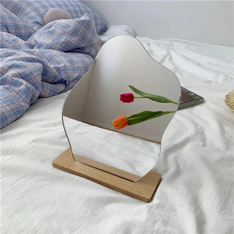 Decorative Mirror, Acrylic Wooden Base, Minimalist Irregular Makeup Mirror, Bedroom Vanity Mirror, Beauty Cosmetics