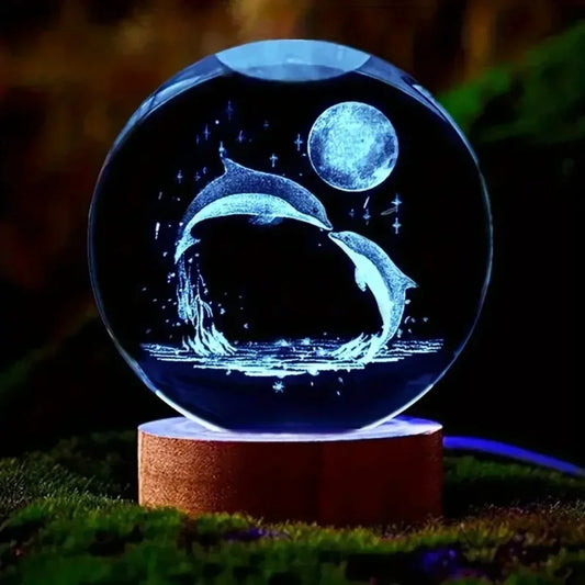 Crystal Ball  Wooden Base with 6cm Crystal Ball Planet Night Light 3D Laser Etched Marine Animal Indoor Statue Lamp Decoration