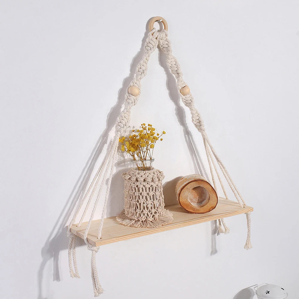 Wooden Wall Hanging Shelves Boho Floating Shelves Macrame Plant Shelf Rustic Wall Decor for Bedroom Living Room Office