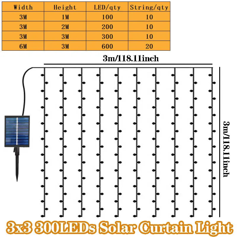 Fairy LED Curtain String Lights Outdoor Solar Powered for Window Christmas Party Outdoor Garden Wedding Holiday Decoration