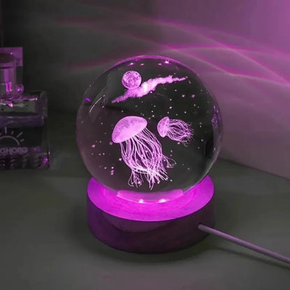 Crystal Ball  Wooden Base with 6cm Crystal Ball Planet Night Light 3D Laser Etched Marine Animal Indoor Statue Lamp Decoration