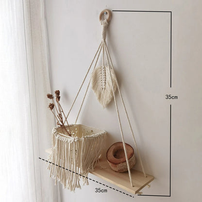 Wooden Wall Hanging Shelves Boho Floating Shelves Macrame Plant Shelf Rustic Wall Decor for Bedroom Living Room Office