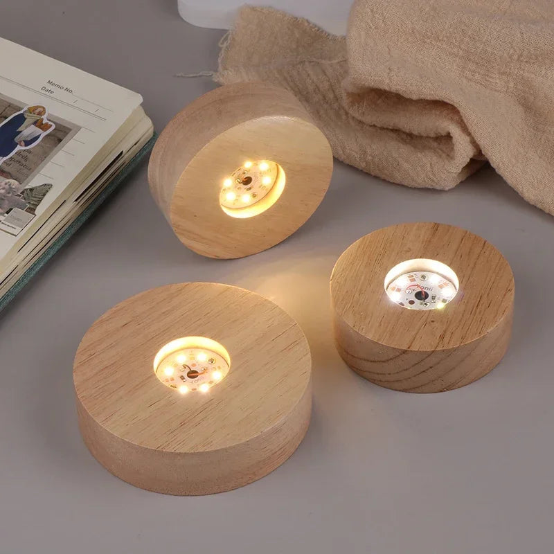 8/10cm Round Wooden LED Light Battery Operated Dispaly Base Stand Holder able Night Lamp Base Crystal Glass Resin Art Ornaments