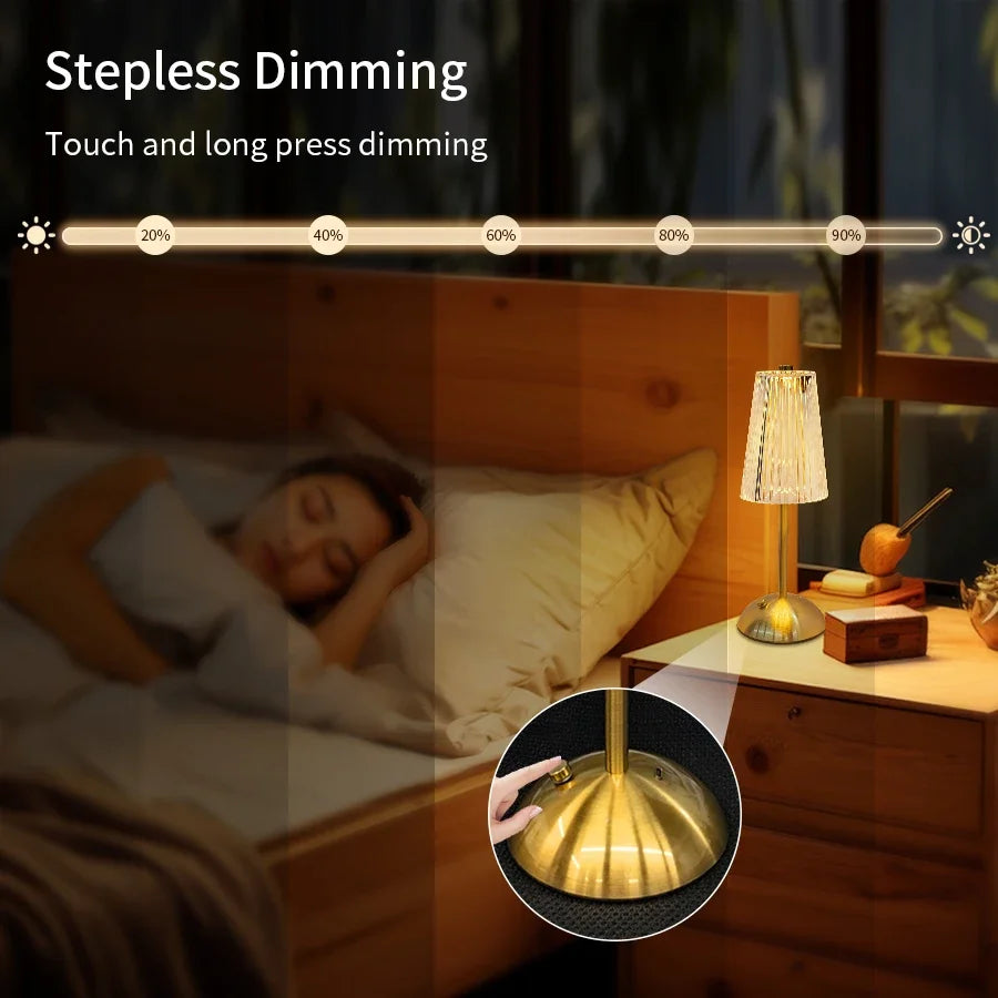 Crystal Led Table Lamp Rechargeable Book Light Night Light for Reading Bedside Bedroom Atmosphere Retro Hotel Bar Decor Dimmable