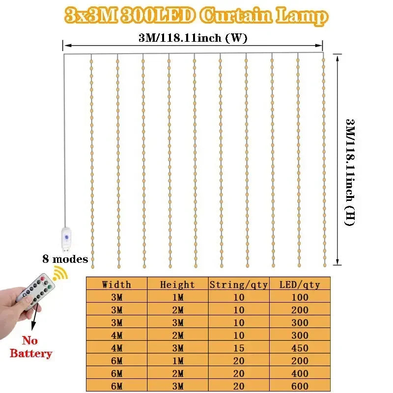 Fairy Light 8 Modes Party Lamp 6/3m USB Curtain String Light Christmas Garland Festoon Remote Control Wedding Home Bedroom Decor