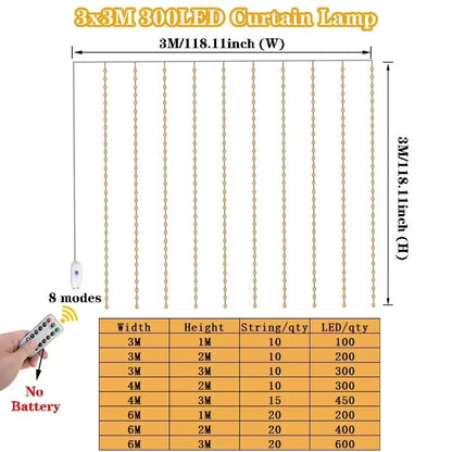Fairy Light 8 Modes Party Lamp 6/3m USB Curtain String Light Christmas Garland Festoon Remote Control Wedding Home Bedroom Decor