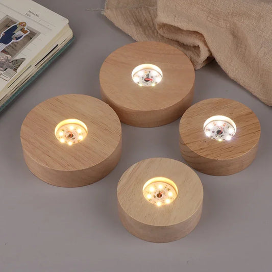 8/10cm Round Wooden LED Light Battery Operated Dispaly Base Stand Holder able Night Lamp Base Crystal Glass Resin Art Ornaments