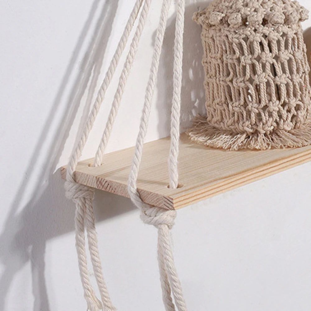 Wooden Wall Hanging Shelves Boho Floating Shelves Macrame Plant Shelf Rustic Wall Decor for Bedroom Living Room Office