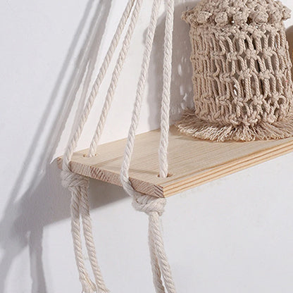 Wooden Wall Hanging Shelves Boho Floating Shelves Macrame Plant Shelf Rustic Wall Decor for Bedroom Living Room Office