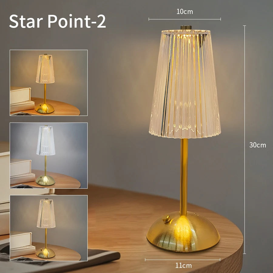 Crystal Led Table Lamp Rechargeable Book Light Night Light for Reading Bedside Bedroom Atmosphere Retro Hotel Bar Decor Dimmable