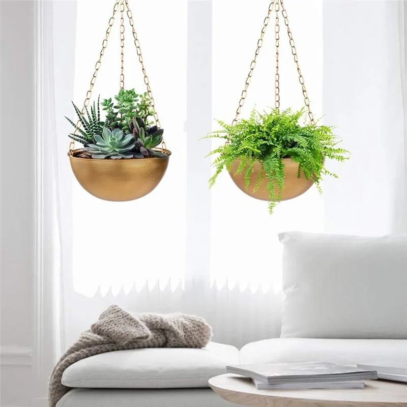 Large Gold Hanging Planter With Drainage, Semi-Circle Hanging Plant Holder For Indoor Plants, Lightweightceiling Basin-AT64