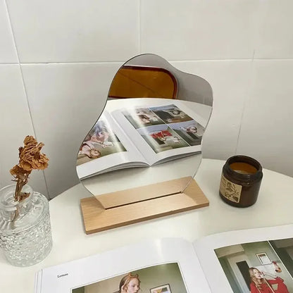 Decorative Mirror, Acrylic Wooden Base, Minimalist Irregular Makeup Mirror, Bedroom Vanity Mirror, Beauty Cosmetics