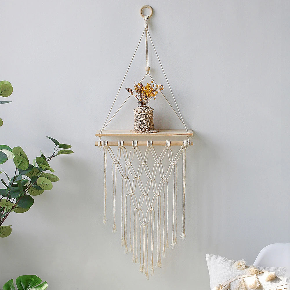 Wooden Wall Hanging Shelves Boho Floating Shelves Macrame Plant Shelf Rustic Wall Decor for Bedroom Living Room Office