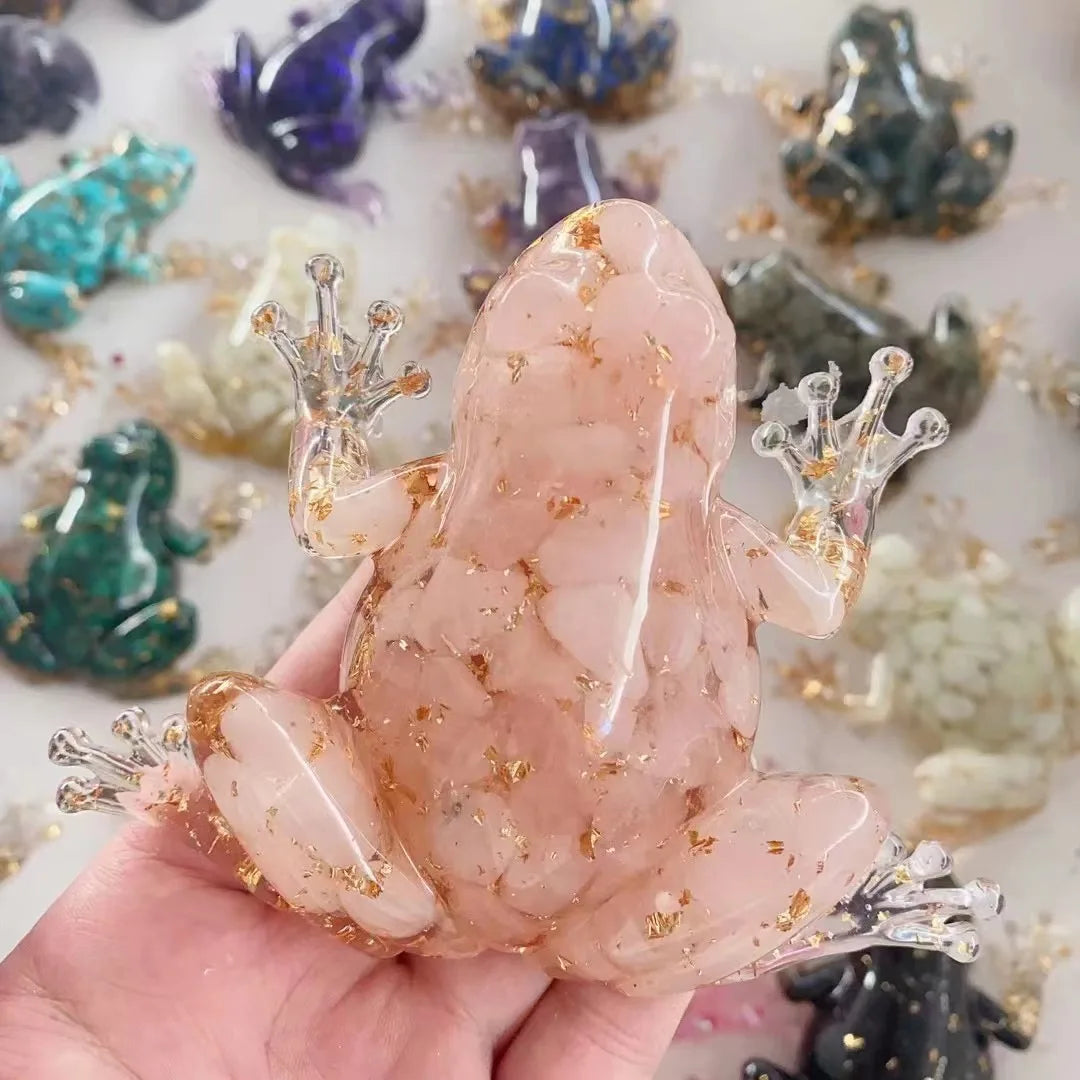 Resin Frog Decor with Crystal Pebbles - Cute Desktop Ornament, Car Dashboard Figurine, Unique Gift for Nature Lovers