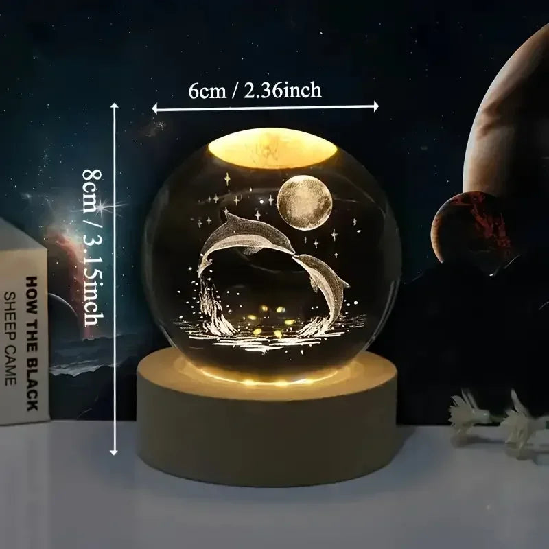 Crystal Ball  Wooden Base with 6cm Crystal Ball Planet Night Light 3D Laser Etched Marine Animal Indoor Statue Lamp Decoration