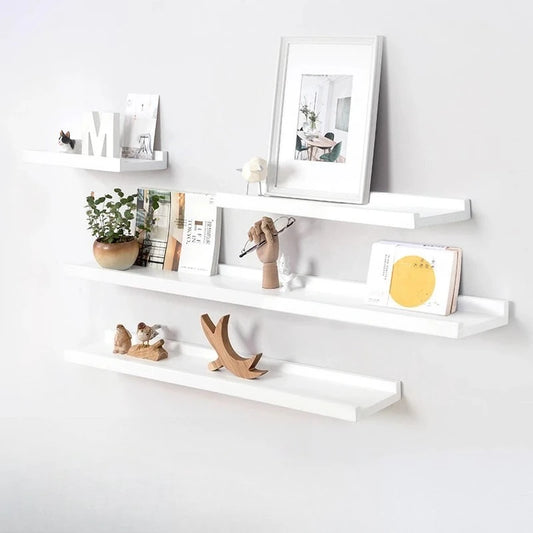Floating Shelves Wall Mounted, White Solid Wood Drill Hanging Shelf, Storage Rack for Living Room, Bedroom, Study, Entrance