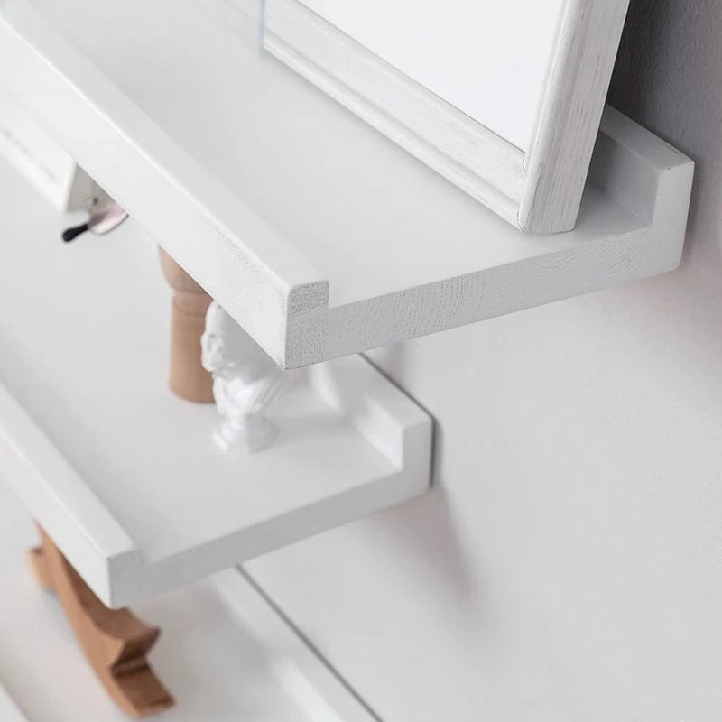 Floating Shelves Wall Mounted, White Solid Wood Drill Hanging Shelf, Storage Rack for Living Room, Bedroom, Study, Entrance