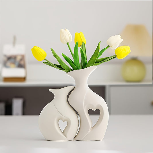 2pcs/set Heart-shaped Vases, Creative Ceramic Vase Combination, Simple And High-end Decorative Ornaments, Suitable For Tabletop, Entryway Decoration, Spring Summer Decor St Patrick's Day Easter Decor, Aesthetic Room Decor