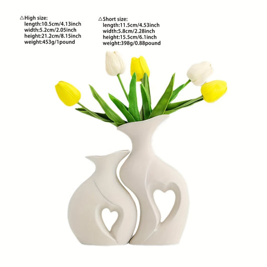 2pcs/set Heart-shaped Vases, Creative Ceramic Vase Combination, Simple And High-end Decorative Ornaments, Suitable For Tabletop, Entryway Decoration, Spring Summer Decor St Patrick's Day Easter Decor, Aesthetic Room Decor